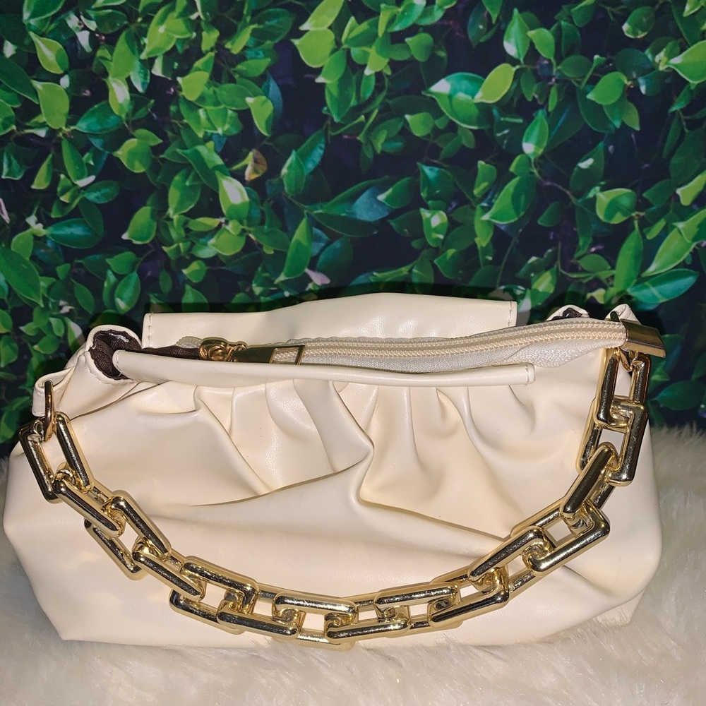 Cream ruched chain shoulder bag